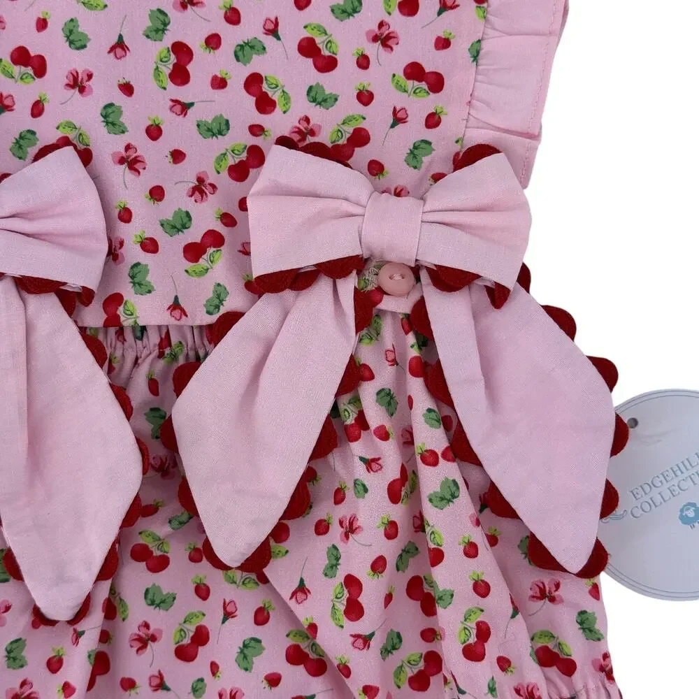 Edgehill Collection Pink Cherry Bow Ruffle Romper Baby Girl Size 3 Months - Picture 2 of 8
